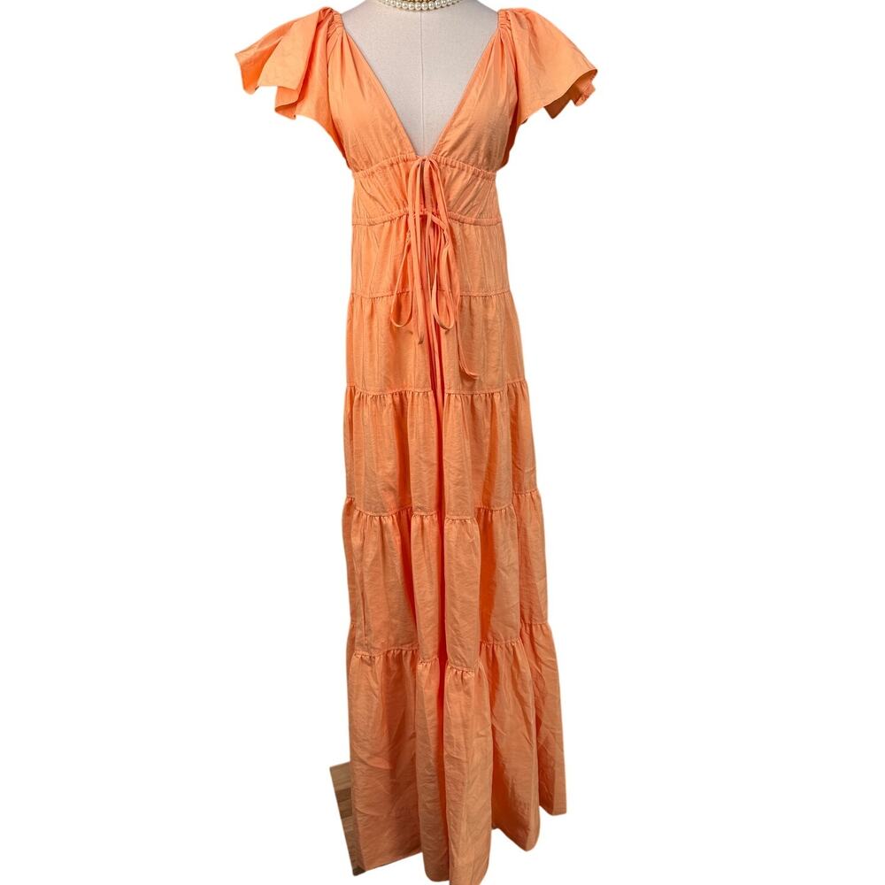 ALC Luca maxi dress nectar orange tiered v-neck flutter sleeves size 0 - Picture 6 of 12